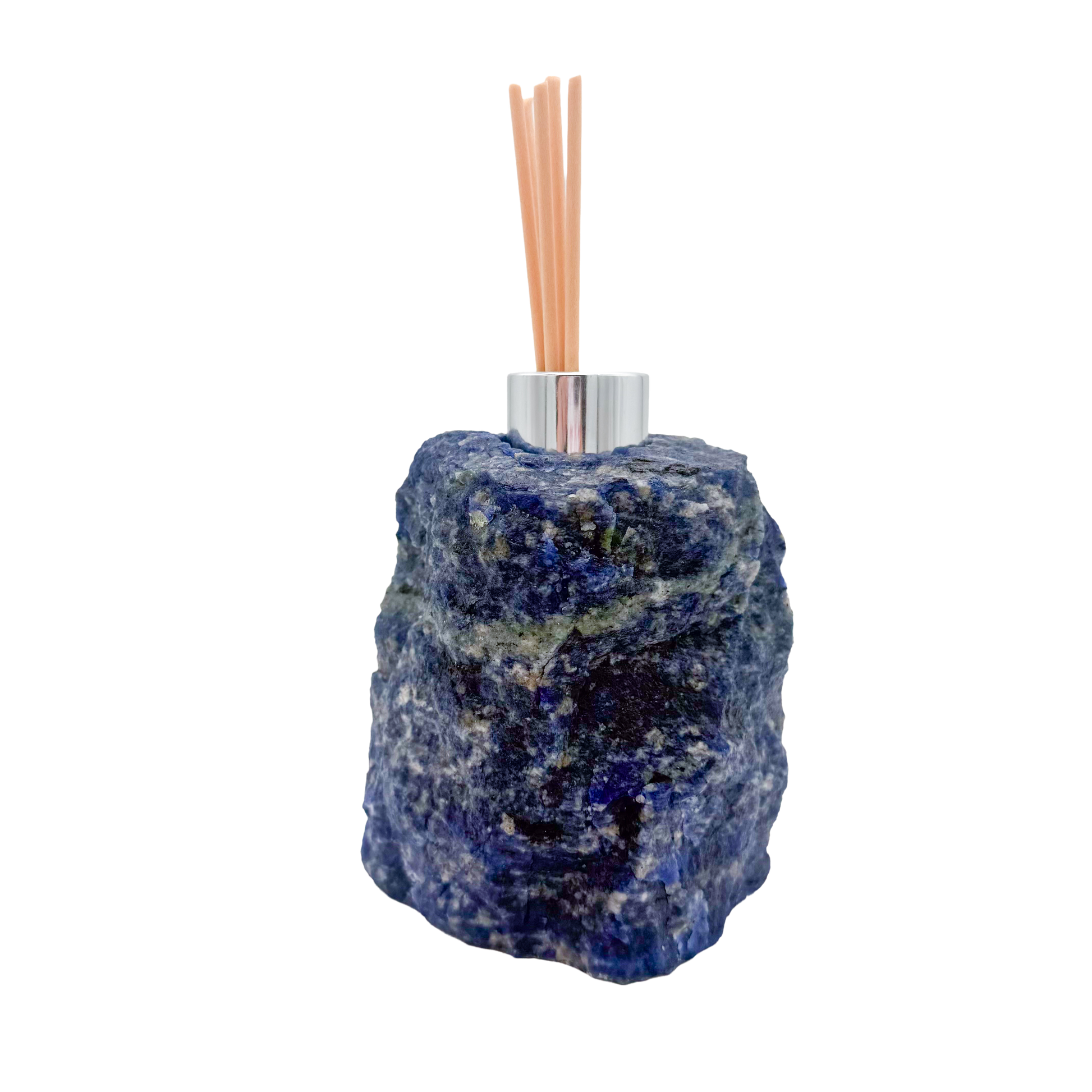 Sodalite reed oil diffuser rear view, natural rough blue stone surface
