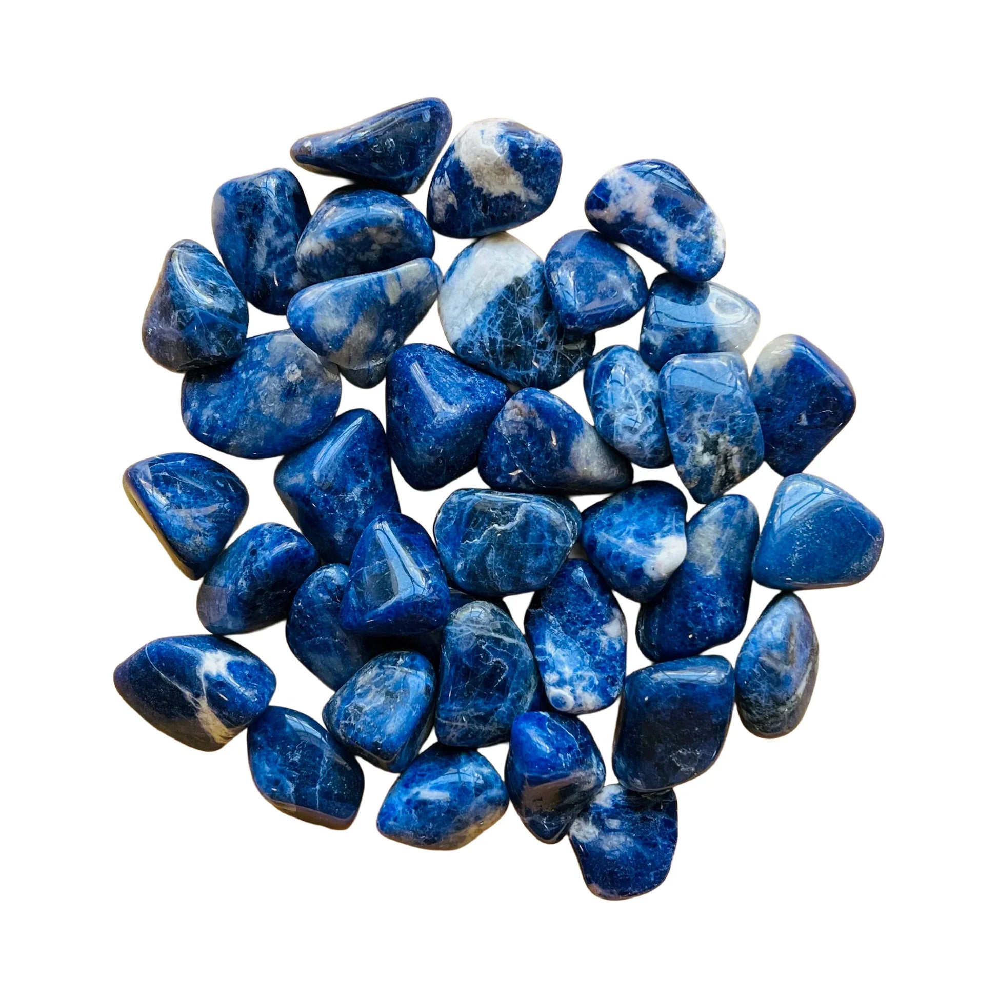 Tumbled Sodalite Crystals traditionally associated with Communication, Focus & Intuition — blue polished, A grade directly from Brazil