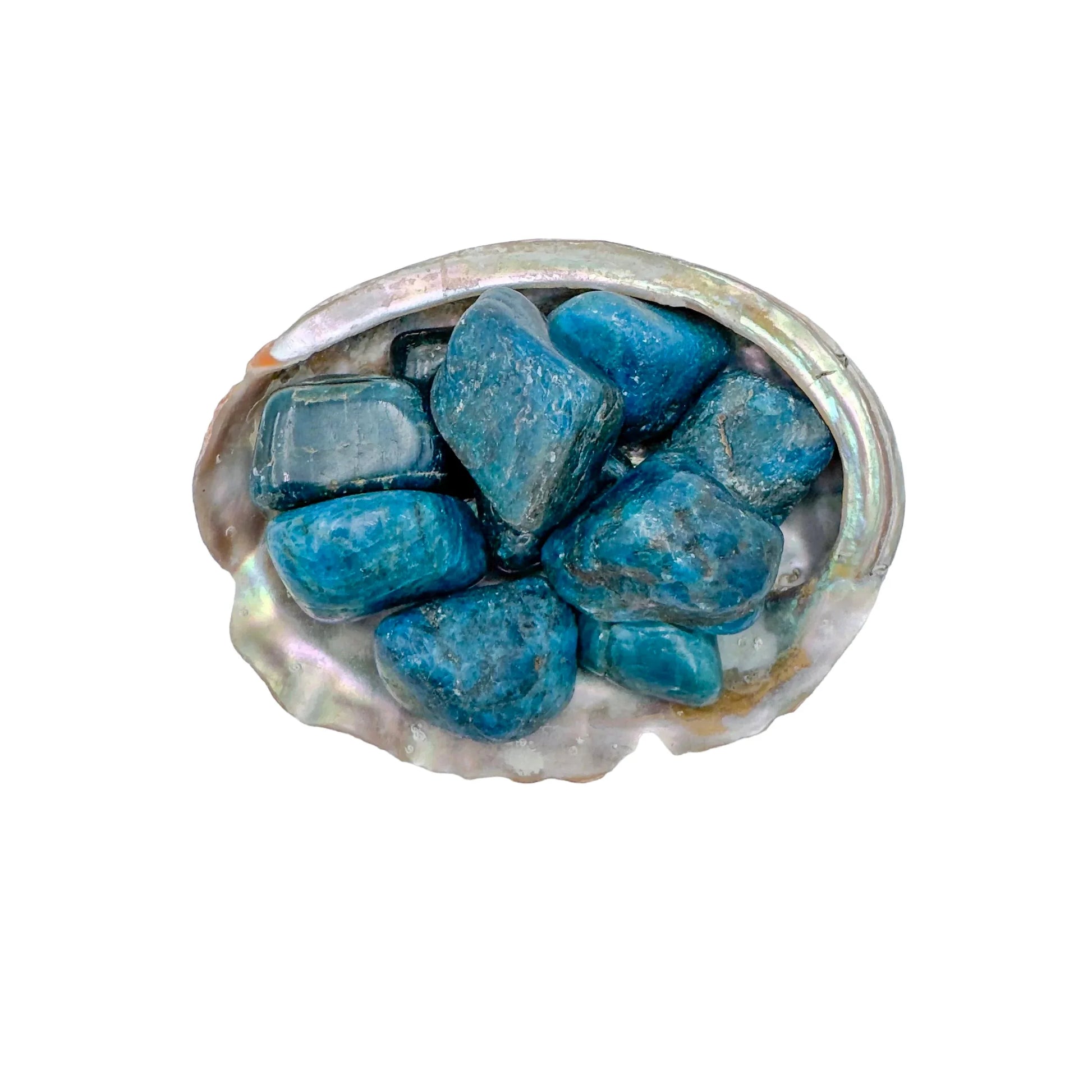 Color detail of Apatite tumbled stone, often kept for Focus and Manifestation, showing natural inclusions.