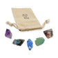 Third Eye Chakra Crystal Kit: amethyst point, labradorite, sodalite, fluorite and lepidolite, arranged with the reusable cotton bag they come in, on white