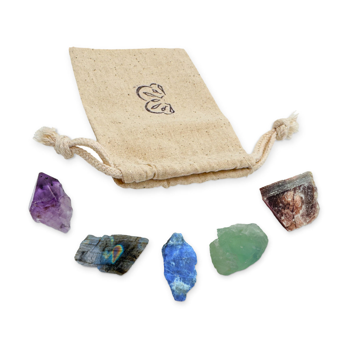 Third Eye Chakra Crystal Kit: amethyst point, labradorite, sodalite, fluorite and lepidolite, arranged with the reusable cotton bag they come in, on white