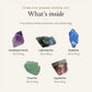 What's inside the Third Eye Chakra Crystal Kit: amethyst point 20 to 50 g, labradorite 40 to 80 g, sodalite 20 to 50 g, fluorite 20 to 50 g, lepidolite 20 to 50 g, drawn in true proportion to each other