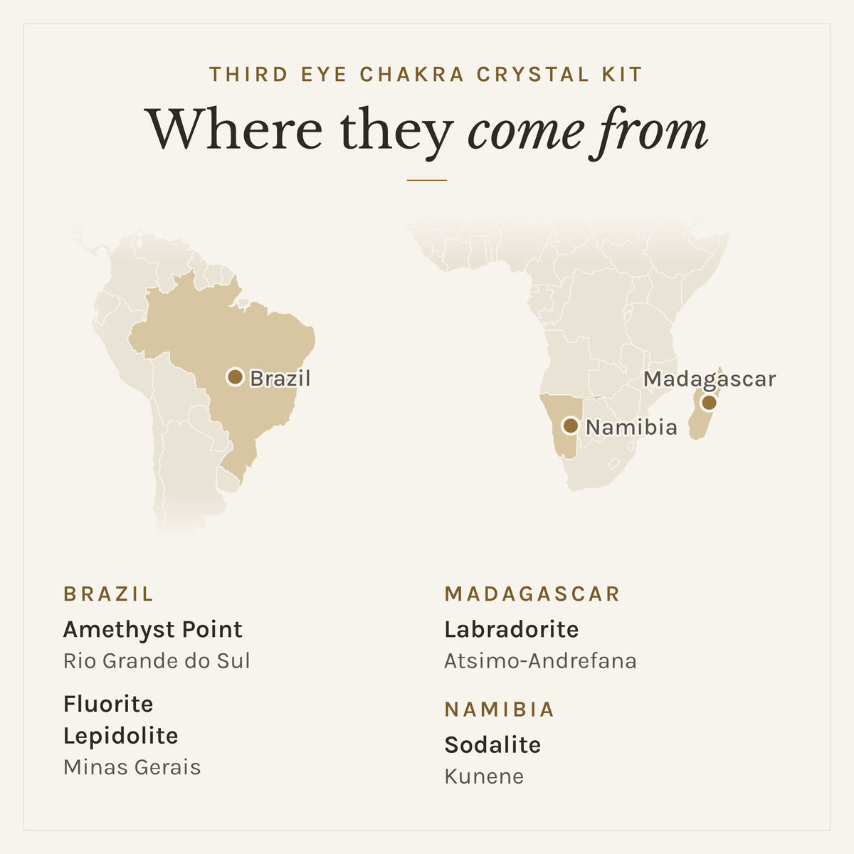 Map of where the stones in the Third Eye Chakra Crystal Kit come from: Brazil (amethyst point, fluorite and lepidolite), Madagascar (labradorite) and Namibia (sodalite)