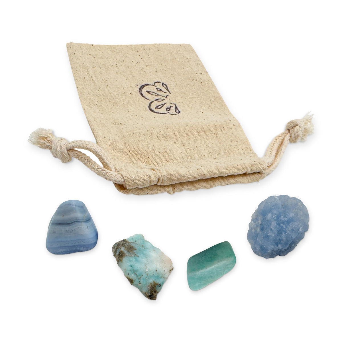 Throat Chakra Crystal Kit: blue lace agate, larimar, amazonite and blue calcite, arranged with the reusable cotton bag they come in, on white