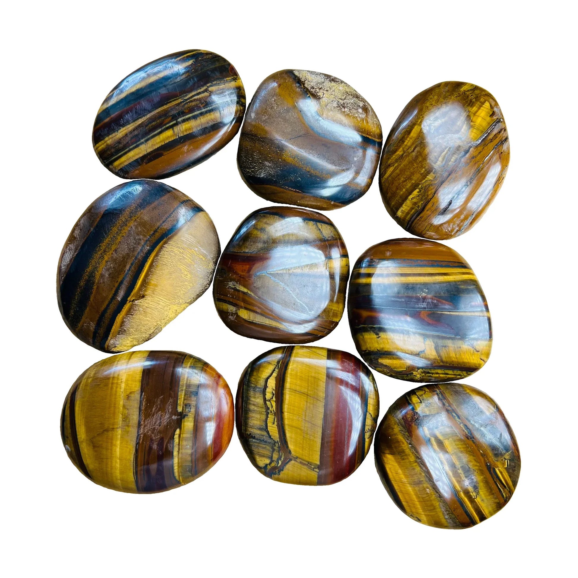 Polished Tiger Eye Palm Stones traditionally associated with Abundance, Confidence & Focus — brown polished, AA grade from South Africa
