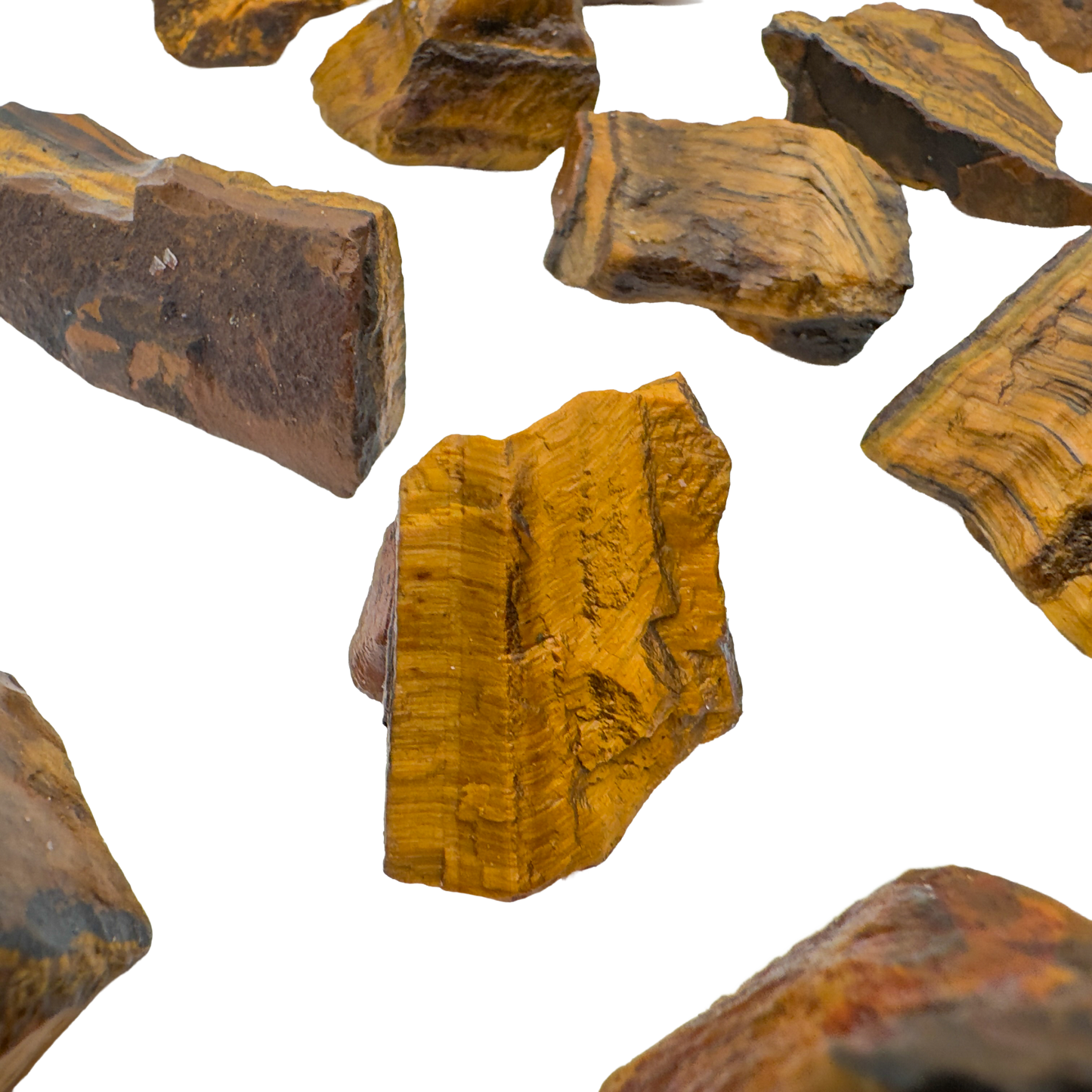 Group of A grade Tiger Eye raw stones showing gold and dark brown crocidolite banding