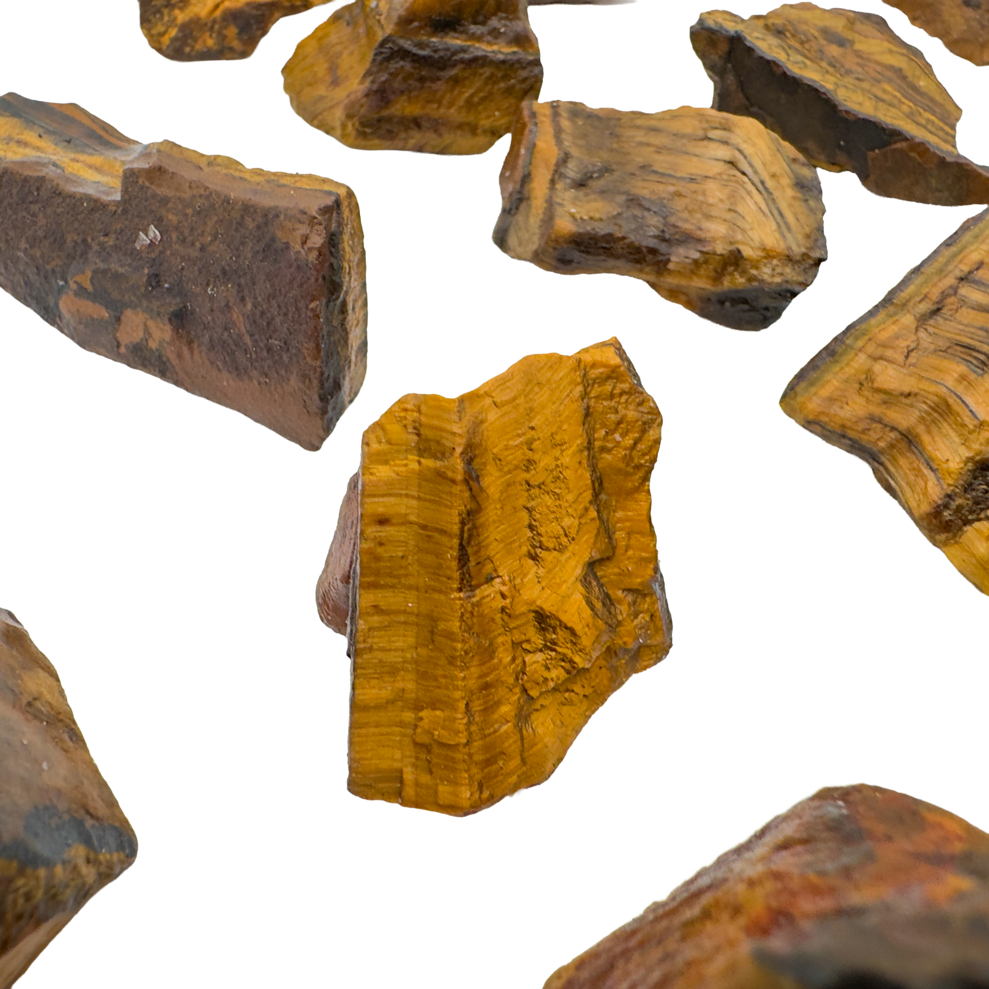Group of A grade Tiger Eye raw stones showing gold and dark brown crocidolite banding