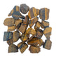Assortment of small raw Tiger Eye pieces arranged loosely, showing how the gold chatoyant bands and darker crocidolite zones vary from stone to stone within one lot.