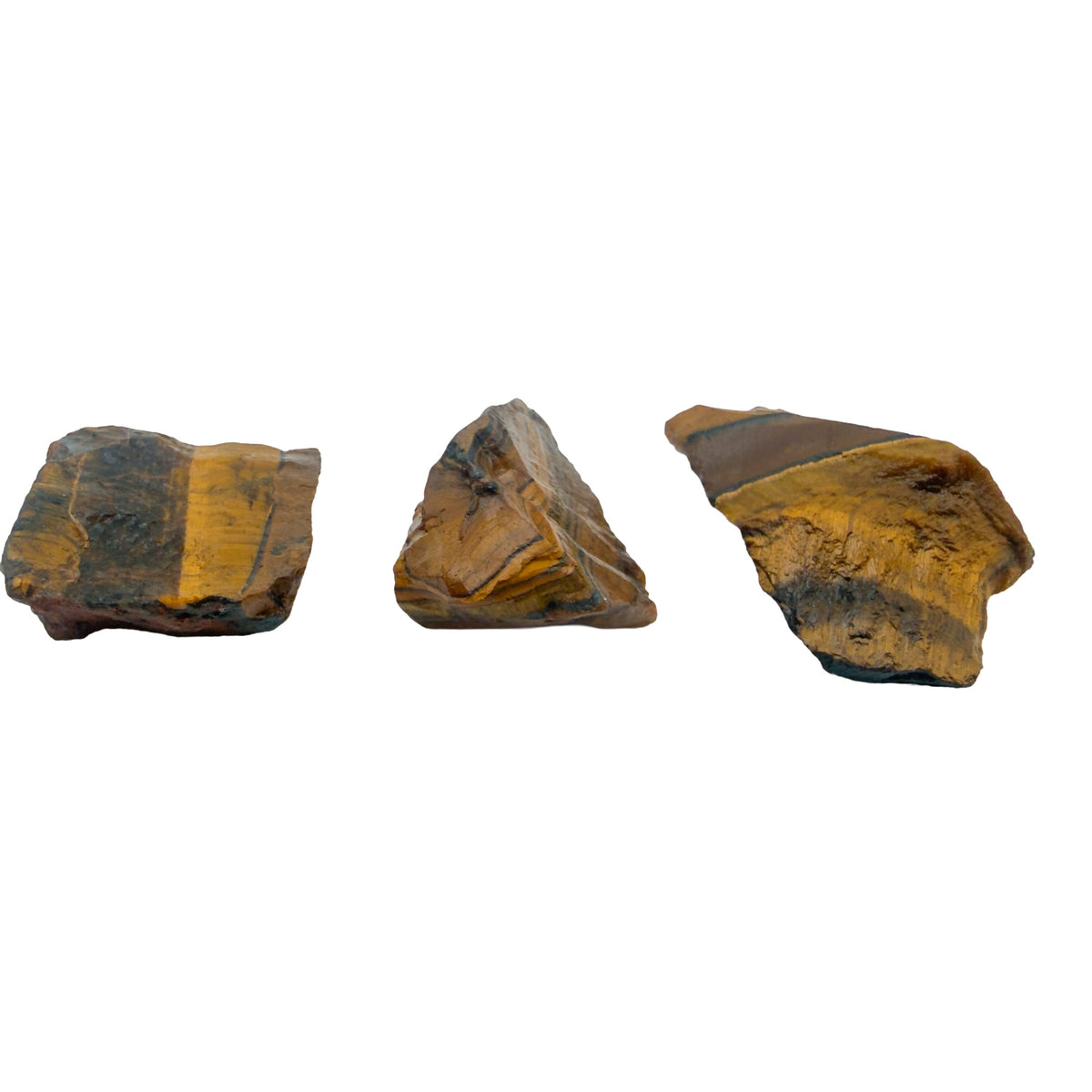 Three raw Tiger Eye stones lined up on white, each showing a different mix of gold banding and dark blue-grey unaltered crocidolite.