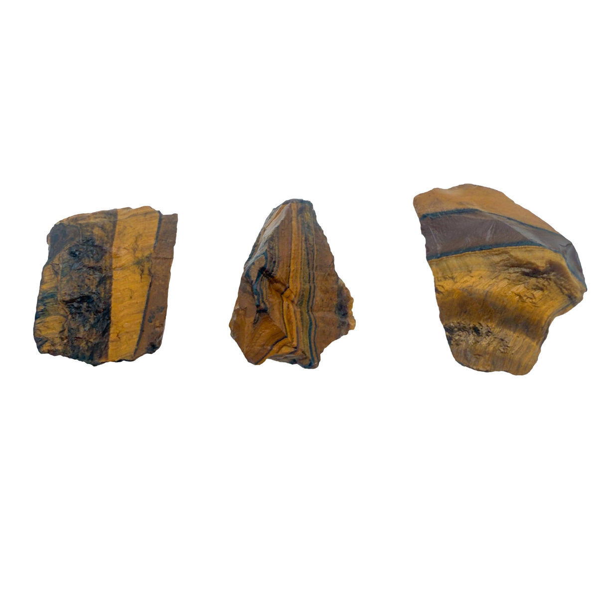 Size variation across three raw Tiger Eye pieces, the smallest near three quarters of an inch and the largest close to one and a half inches.