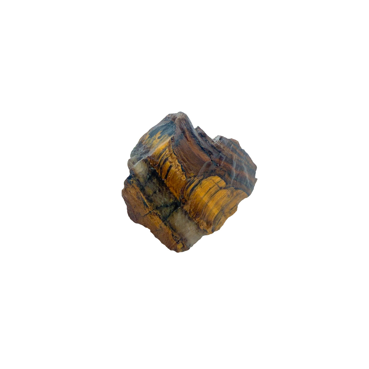 Profile view of one blocky raw Tiger Eye piece, showing gold and honey layers running at an angle through the stone.