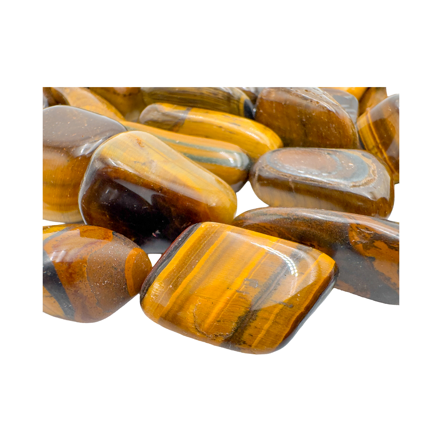Detail of Grade A Tiger Eye tumbled stone showing chatoyant banding