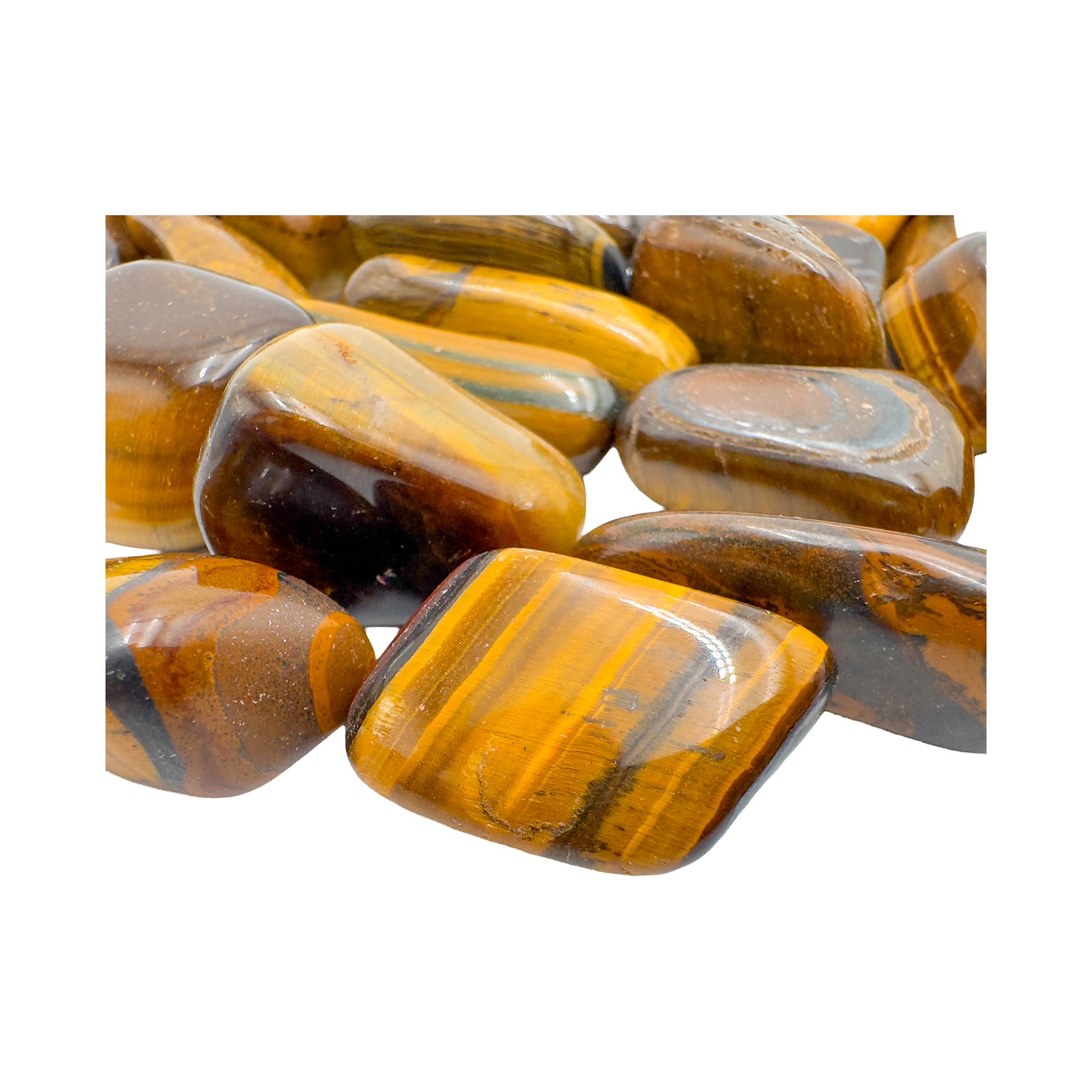 Detail of Grade A Tiger Eye tumbled stone showing chatoyant banding