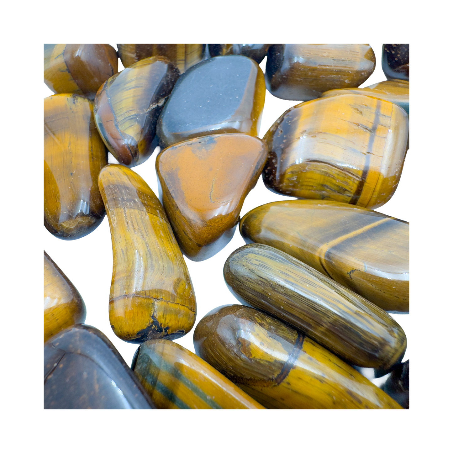 Top view of Tiger Eye tumbled stones showing natural sheen
