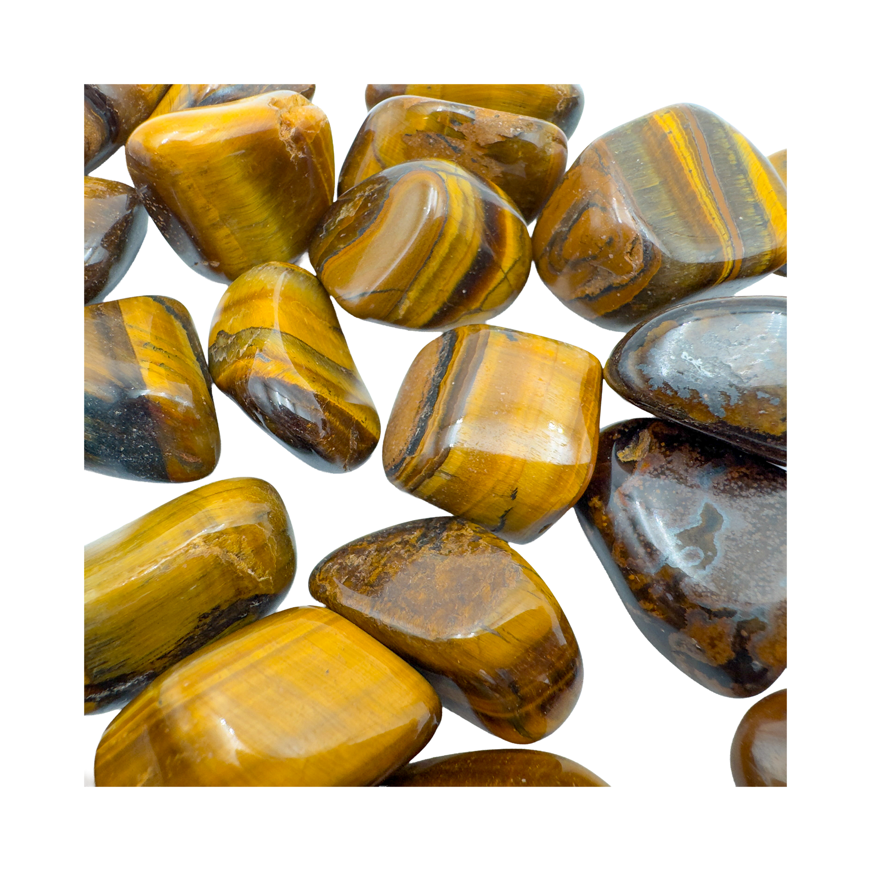 Hand-scale view of Tiger Eye tumbled stone, A grade from South Africa