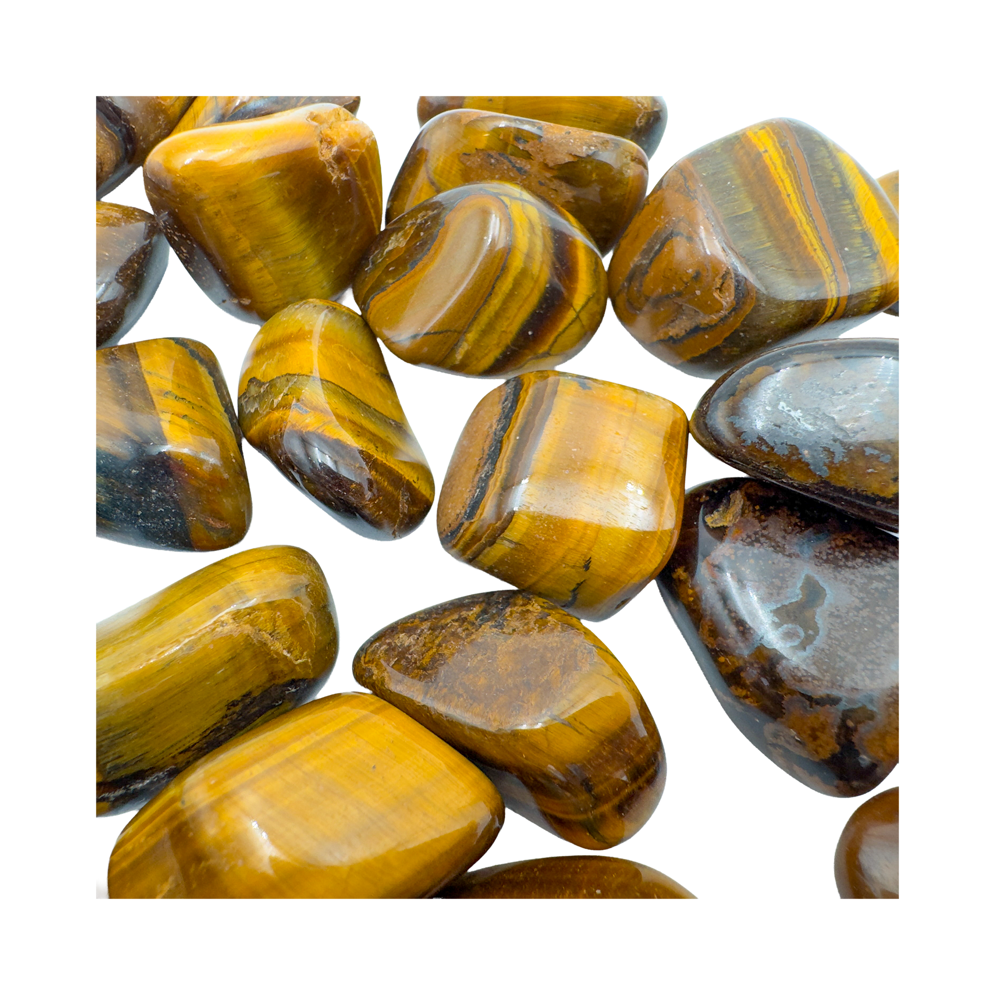 Hand-scale view of Tiger Eye tumbled stone, A grade from South Africa