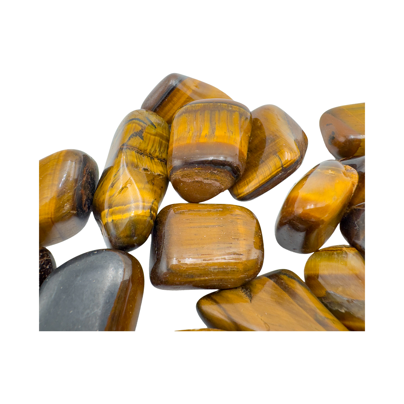 Tiger Eye tumbled stones close-up showing color variation