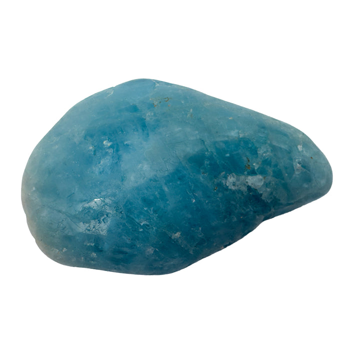 Aquamarine Tumbled Stones, AAA Grade, Brazil: one tumbled stone on a white background, saturated sea blue