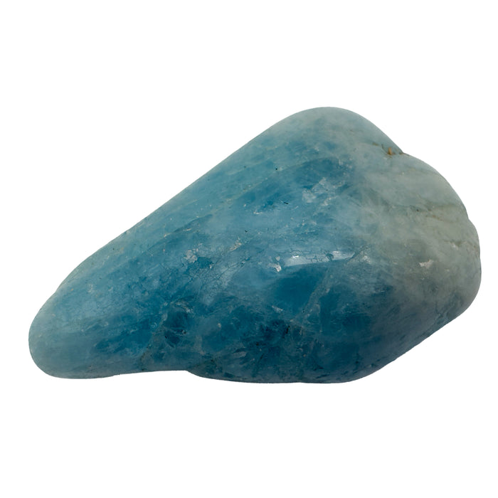 Aquamarine Tumbled Stones, AAA Grade, Brazil: one tumbled stone on a white background, sea blue fading paler at one end