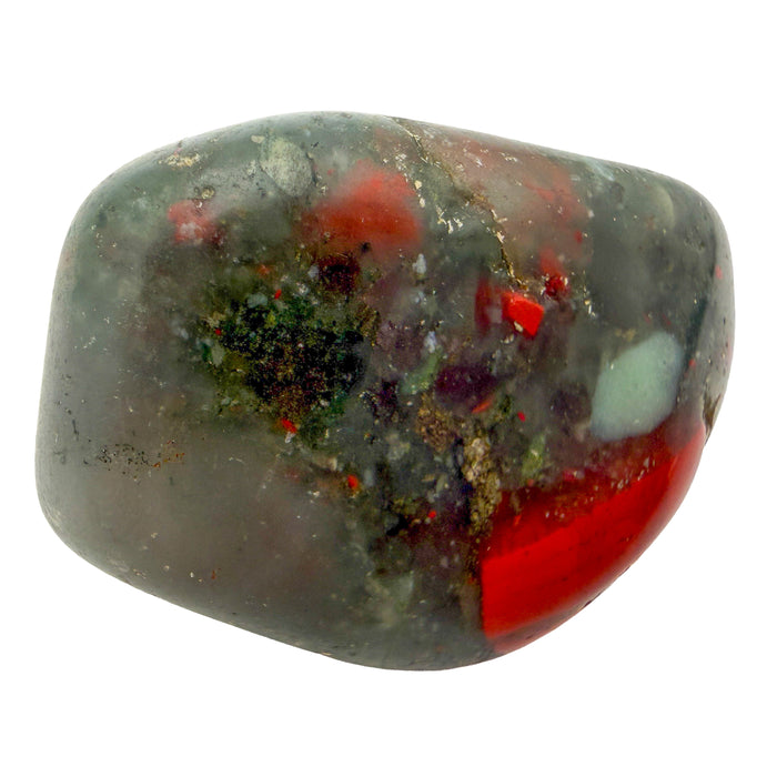 Bloodstone Tumbled Stones, AA Grade, Eswatini: one tumbled stone on a white background, gray green with red spots and darker green inclusions