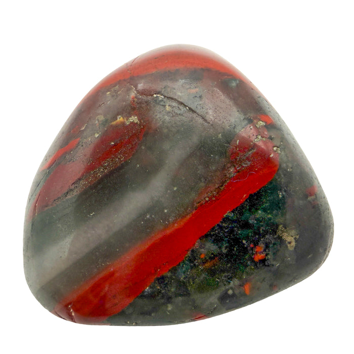 Bloodstone Tumbled Stones, AA Grade, Eswatini: one tumbled stone on a white background, gray green with bold red bands