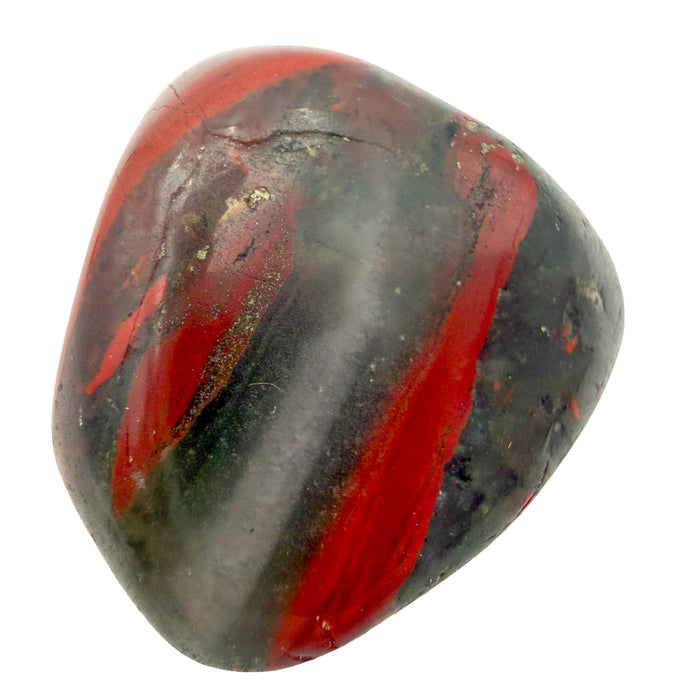 Bloodstone Tumbled Stones, AA Grade, Eswatini: one tumbled stone on a white background, gray green with two bold red bands