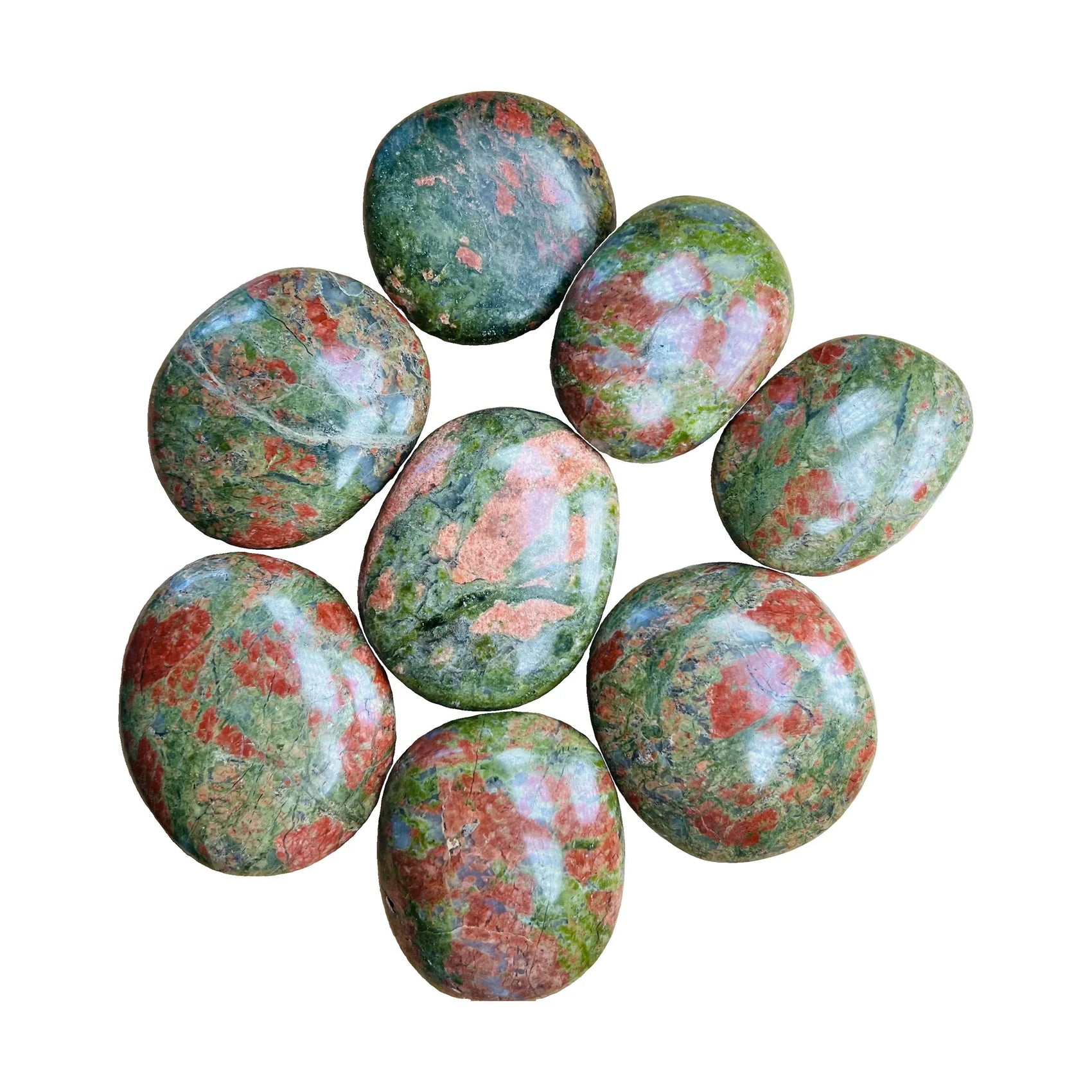 Unakite Palm Stones traditionally associated with Emotional Healing, Grounding & Healing — green smooth polished, AA from South Africa