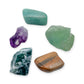 Virgo Crystal Kit: amazonite, fluorite, petrified wood, tree agate and amethyst point, shown together on white