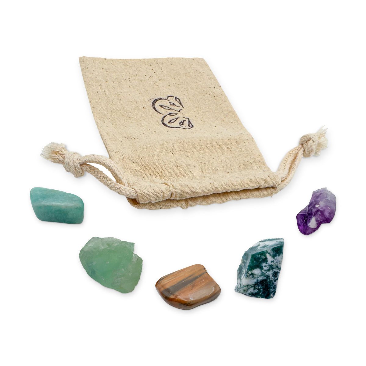 Virgo Crystal Kit: amazonite, fluorite, petrified wood, tree agate and amethyst point, arranged with the reusable cotton bag they come in, on white