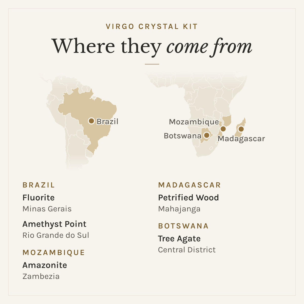Map of where the stones in the Virgo Crystal Kit come from: Mozambique (amazonite), Brazil (fluorite and amethyst point), Madagascar (petrified wood) and Botswana (tree agate)