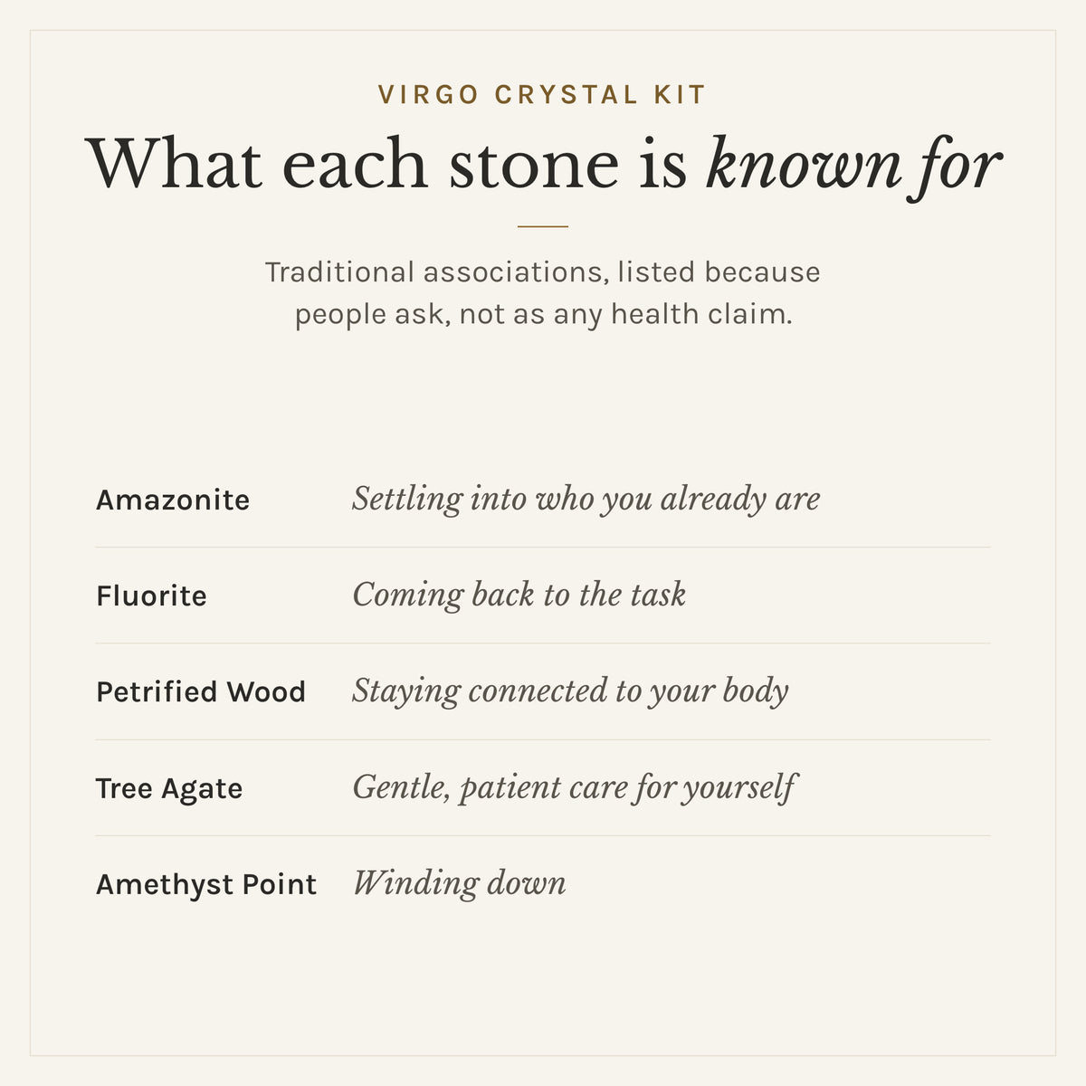 What each stone in the Virgo Crystal Kit is traditionally known for: amazonite, settling into who you already are; fluorite, coming back to the task; petrified wood, staying connected to your body; tree agate, gentle, patient care for yourself; amethyst point, winding down. Listed as traditional associations, not health claims